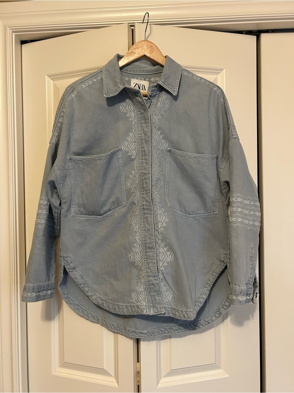 Zara Light Blue Embroidered Denim Shirt Jacket